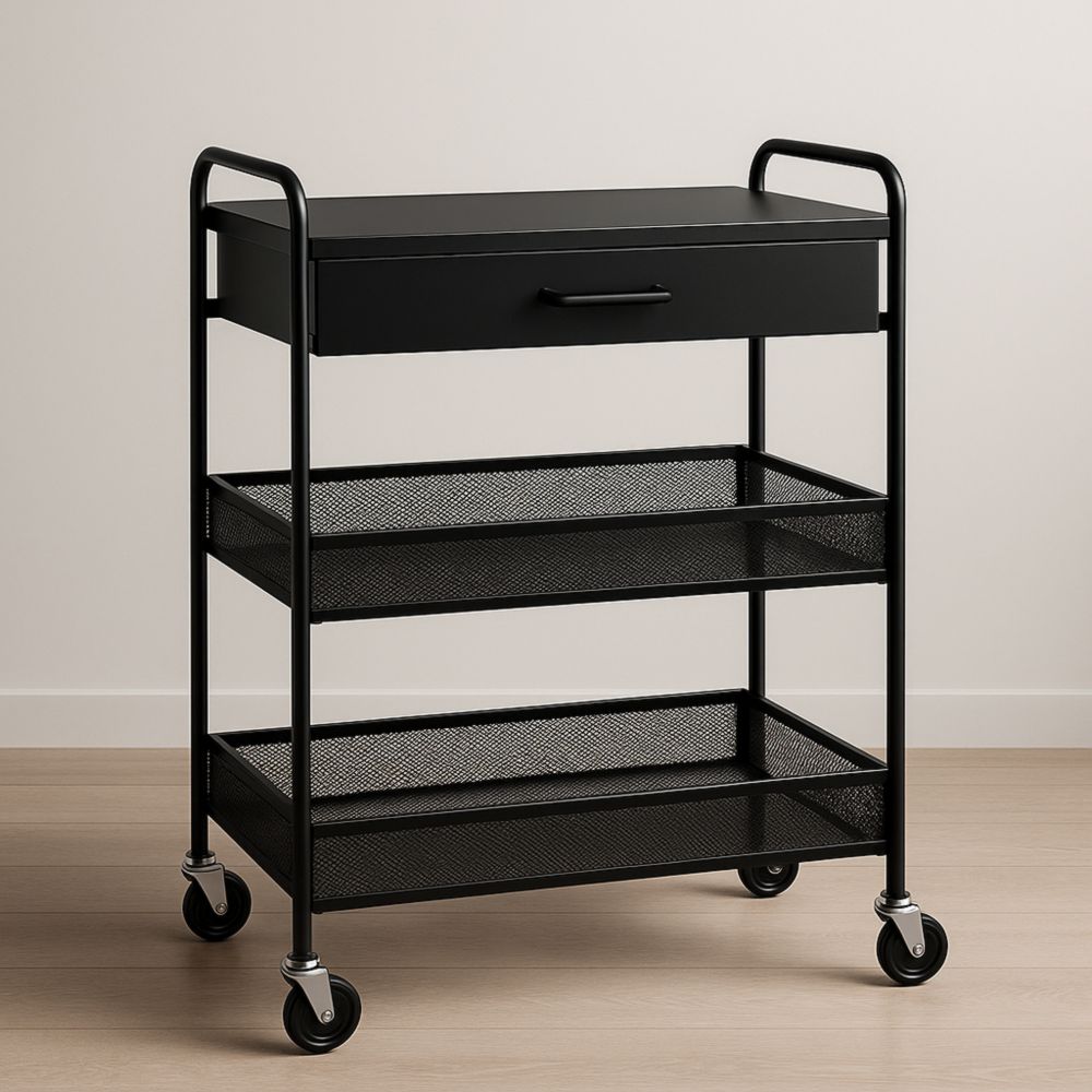 Carrello Metallo Nero con Cassetto e 3 Ripiani 85x35x80 cm-Dwellnordia