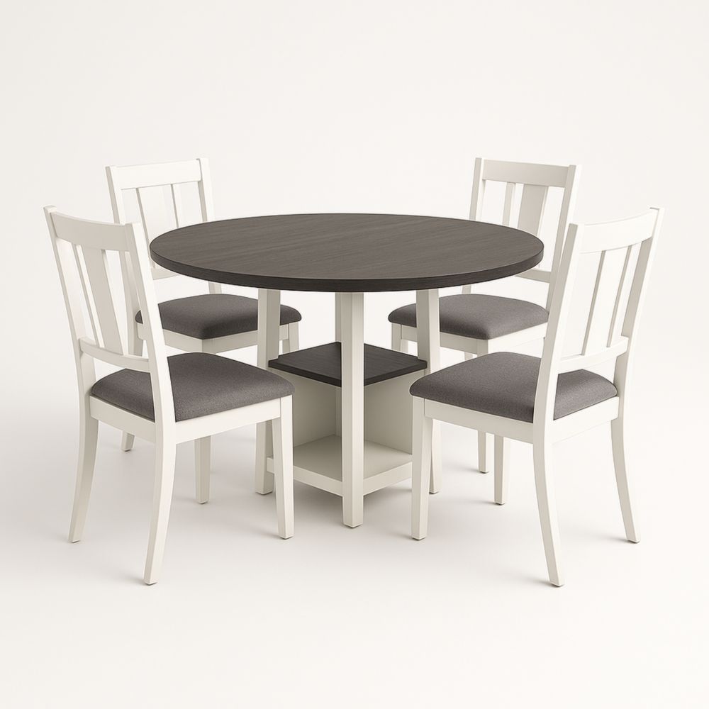Set tavolo rotondo in MDF e sedie in legno bianco e grigio-Dwellnordia