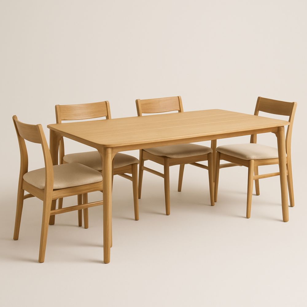 Set Tavolo da Pranzo in Legno con 4 Sedie in Tessuto Beige-Dwellnordia