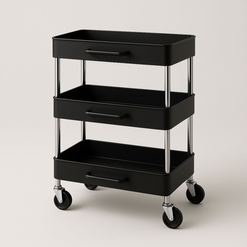 Carrello a 3 Ripiani in Acciaio e Polipropilene Nero 60x35x85 cm-Dwellnordia