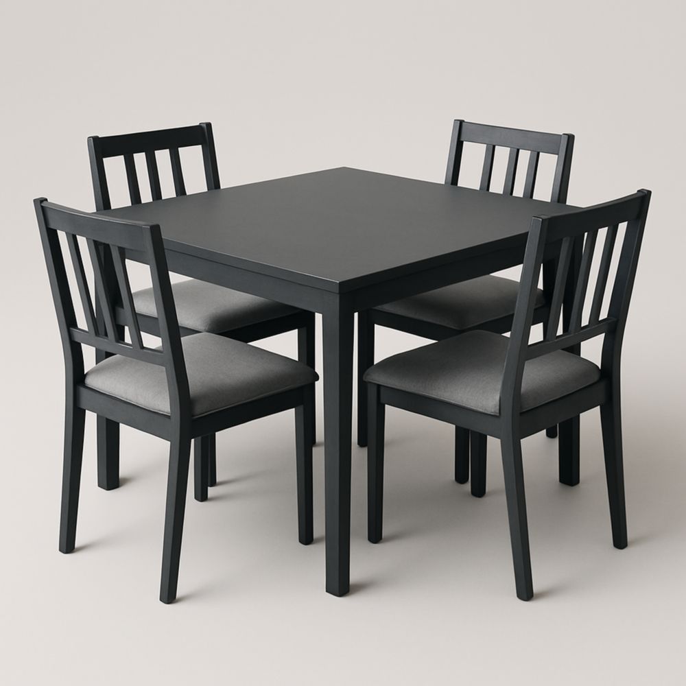 Set Tavolo e Sedie in Legno Nero con Cuscini in Tessuto Grigio 80x80cm-Dwellnordia