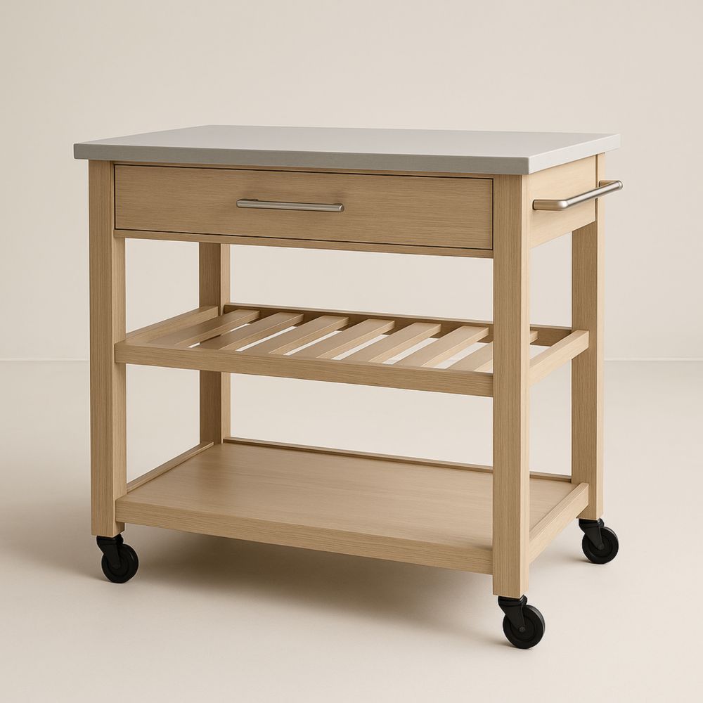 Carrello da Cucina Legno Rovere con Piano Laminato Bianco-Dwellnordia