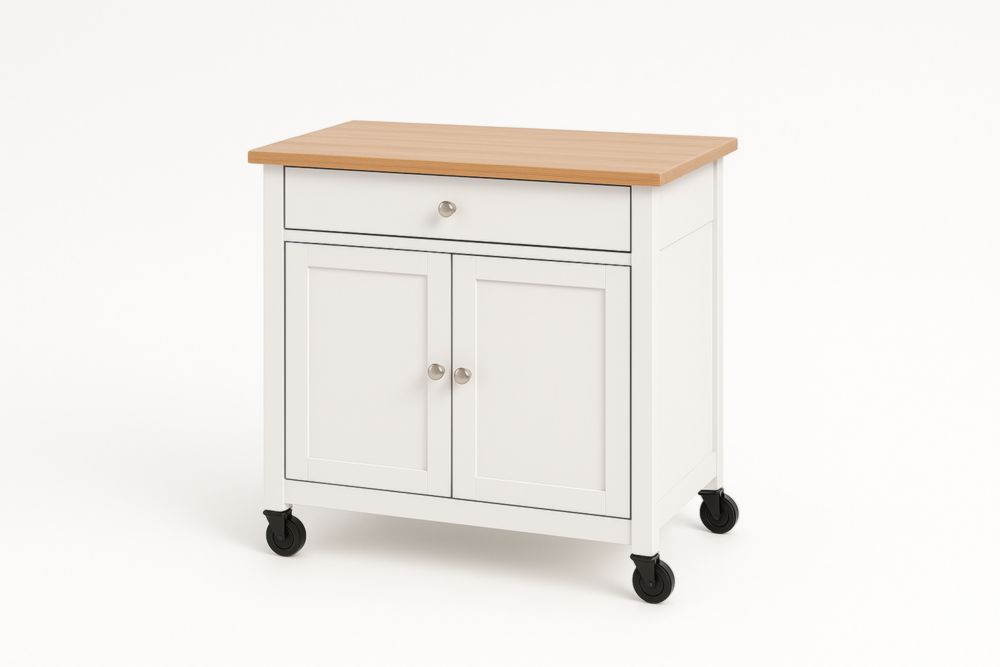 Carrello da cucina in MDF bianco con piano in rovere e ruote-Dwellnordia