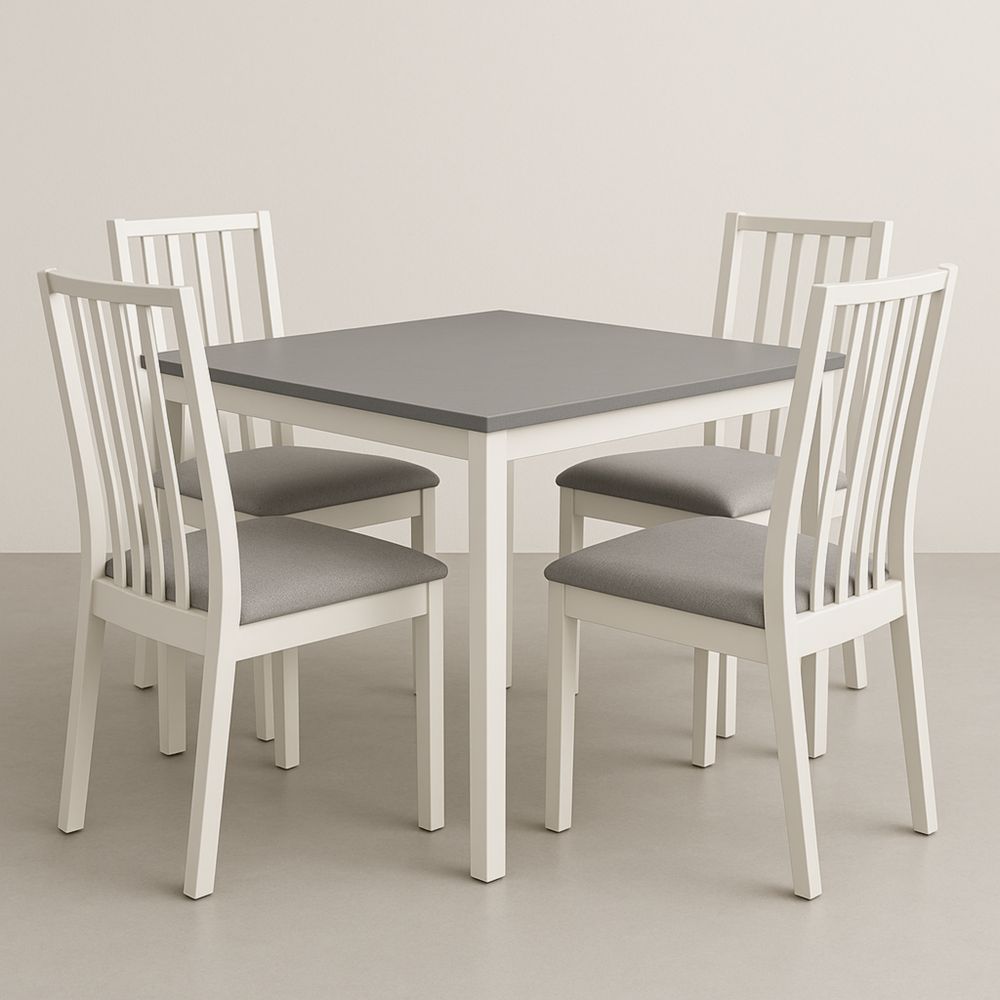 Set Tavolo Quadrato e Sedie in Legno Bianco e Tessuto Poliestere Grigio-Dwellnordia