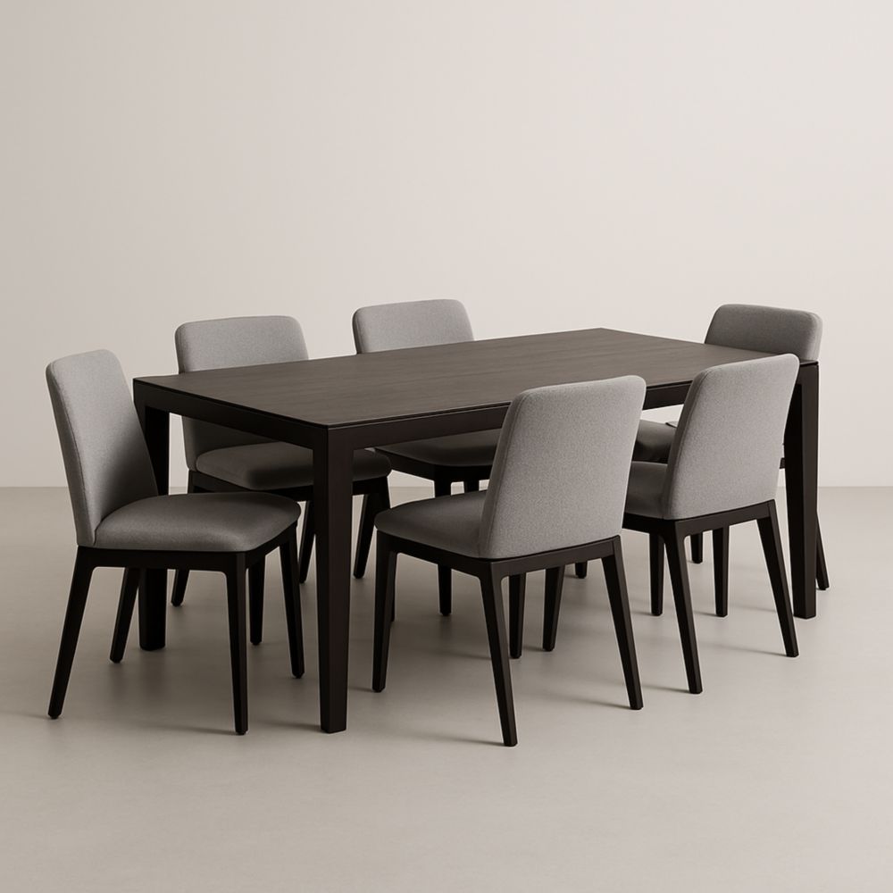 Set da Pranzo Rettangolare in Legno con 6 Sedie Imbottite Grigie-Dwellnordia