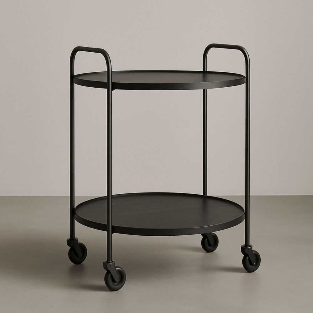 Carrello in acciaio con ruote e ripiani rotondi, colore nero, diametro 50 cm, altezza 70 cm-Dwellnordia