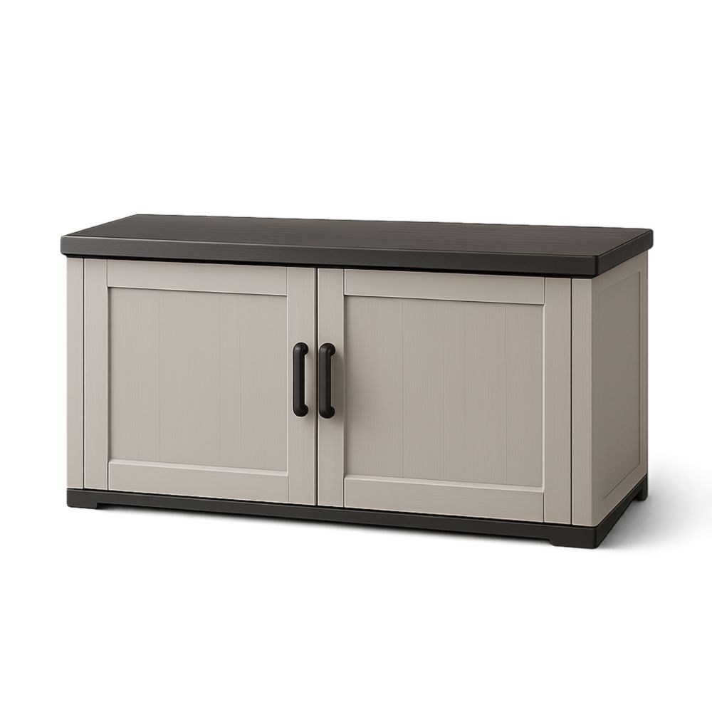 Mobiletto Contenitore in Plastica Doppia Porta Beige/Nero 96x45x57 cm-Gridestro