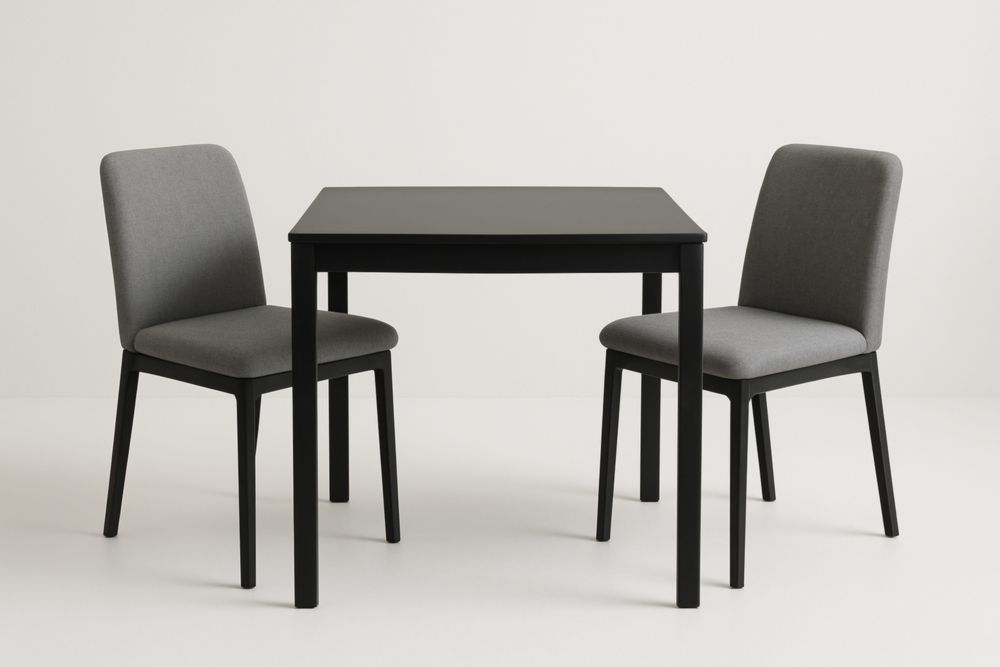 Set da pranzo con tavolo quadrato in legno nero e 2 sedie in tessuto grigio-Gridestro