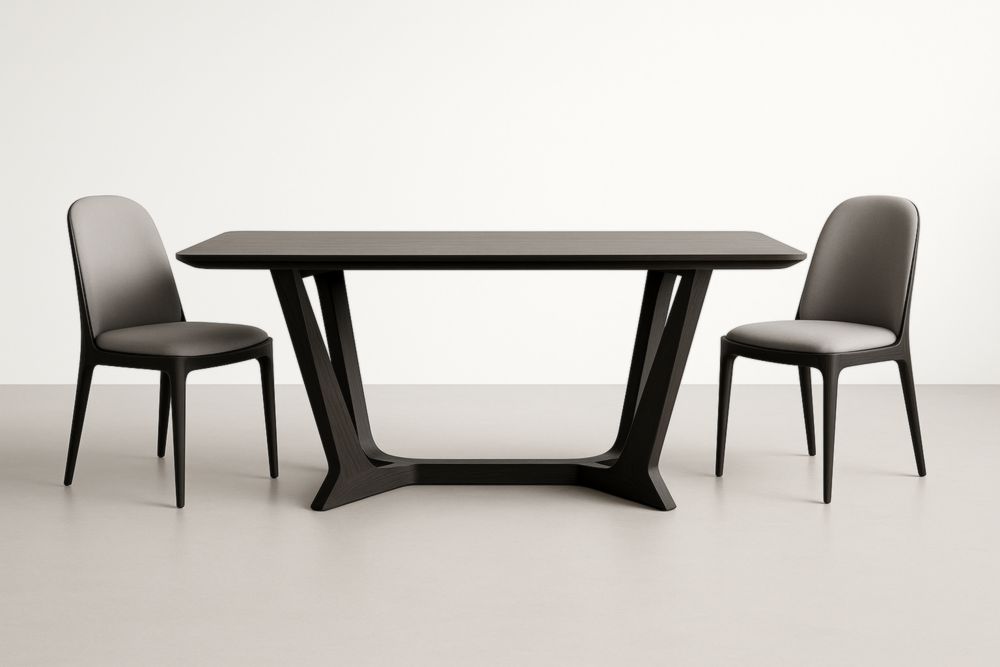 Set Tavolo Rettangolare in Legno e Sedie Grigie Imbottite-Gridestro