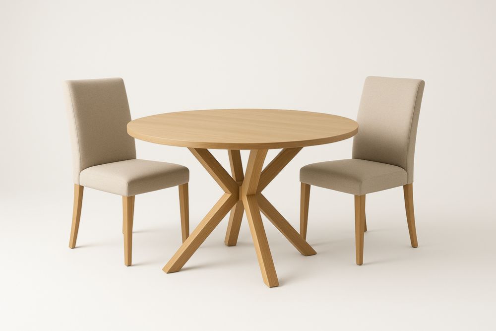 Set tavolo rotondo in legno con 2 sedie imbottite beige-Gridestro