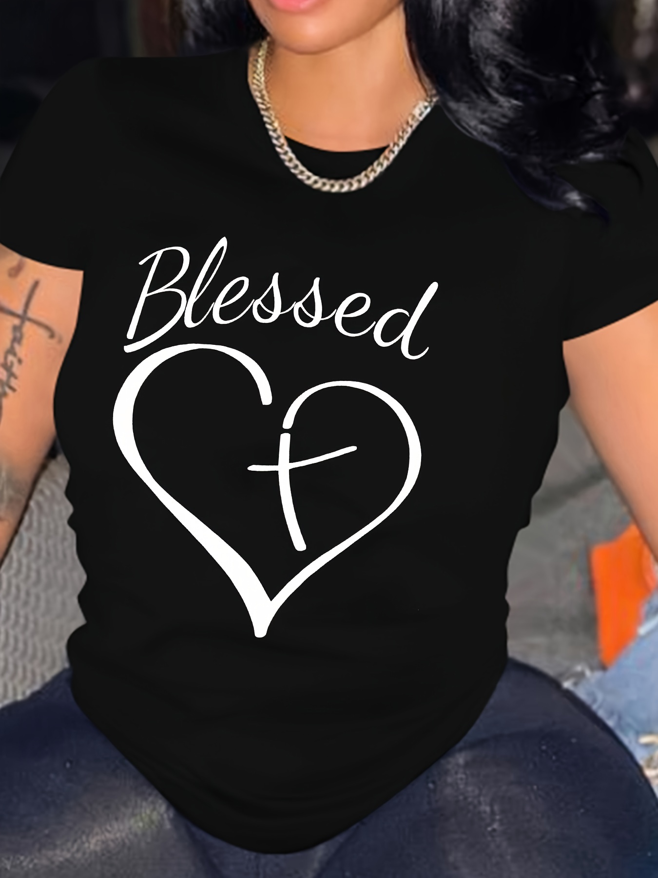 Blessed Heart & Cross Print T-shirt, Crew Neck Short Sleeve T-shirt For Valentine's Day Gifts, Women's Clothing