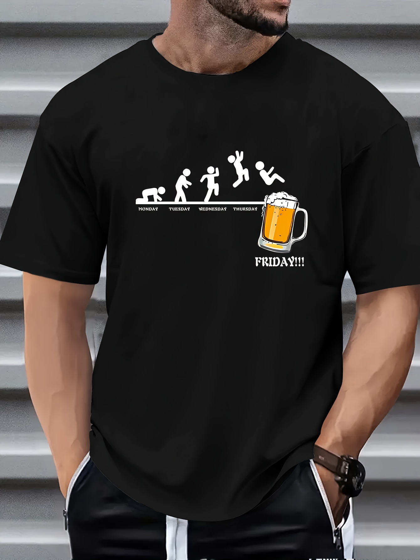 Men's Beer Graphic Print Casual Crew Neck T-Shirt - "Friday" Design, White, Short Sleeve, Polyester, Relaxed Fit, Perfect for Casual Attire