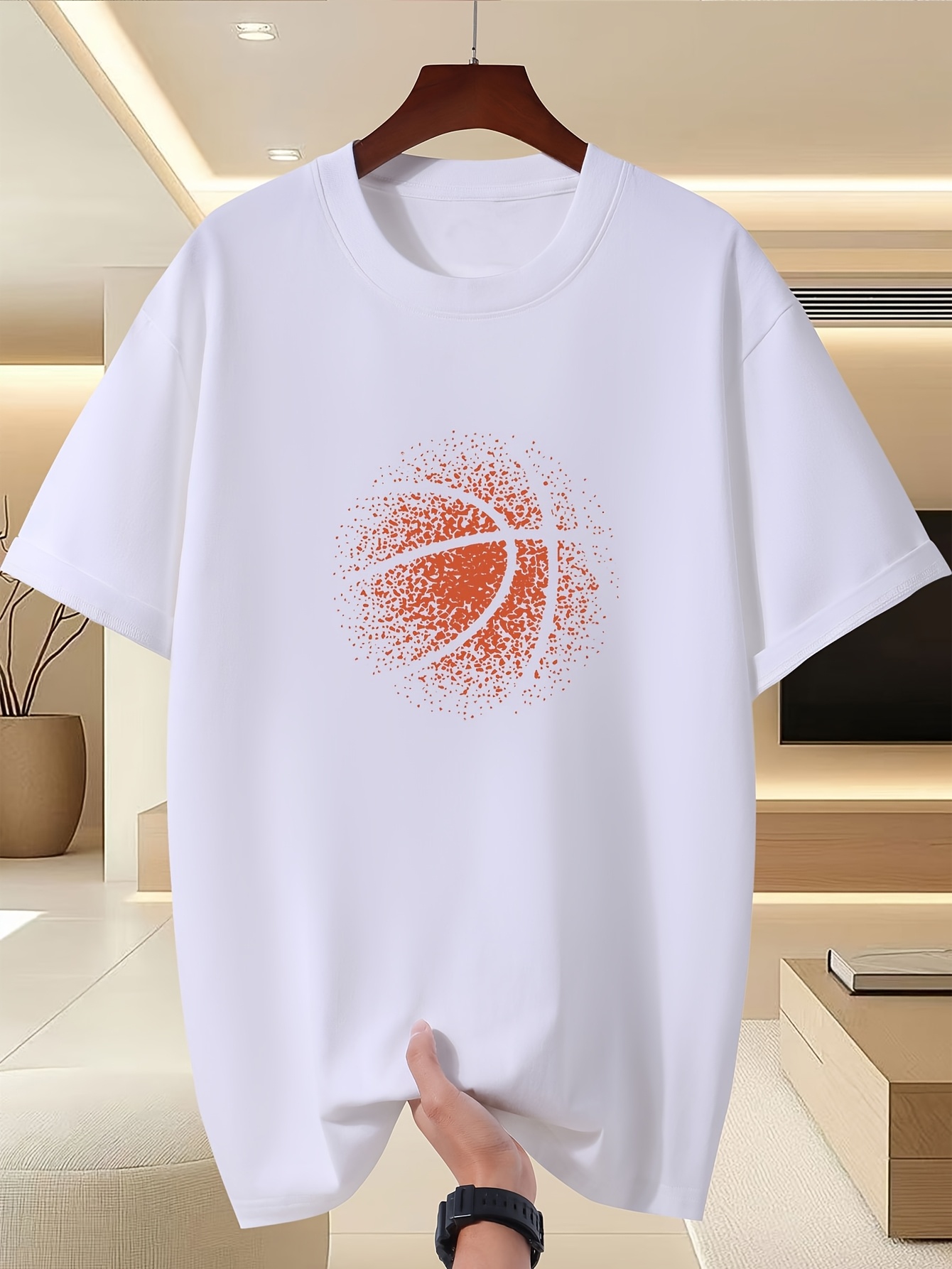 BASKETBALL DAD Men'S Casual Short-Sleeved Crew Neck T-Shirt | -Elastic Knitted Fabric, Printed Design, Regular Fit, Comfortable and Breathable, Suitable for Outdoor Activities, Summer Season