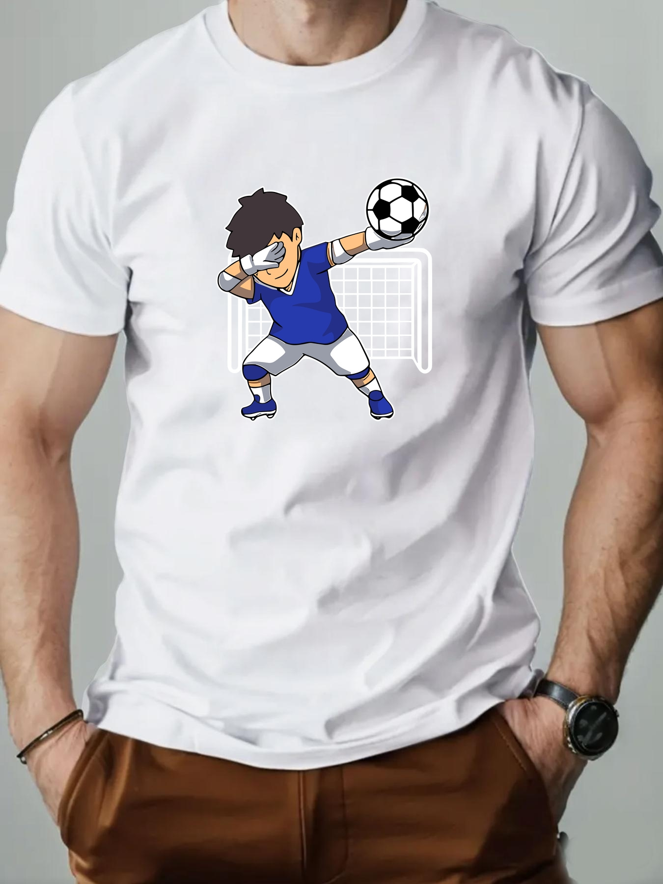 Men'S Casual Soccer Graphic T-Shirt, Polyester Blend, Crew Neck, Short Sleeve, Regular Fit, Knit Fabric, Geometric Pattern, for Sports & Outdoor Wear