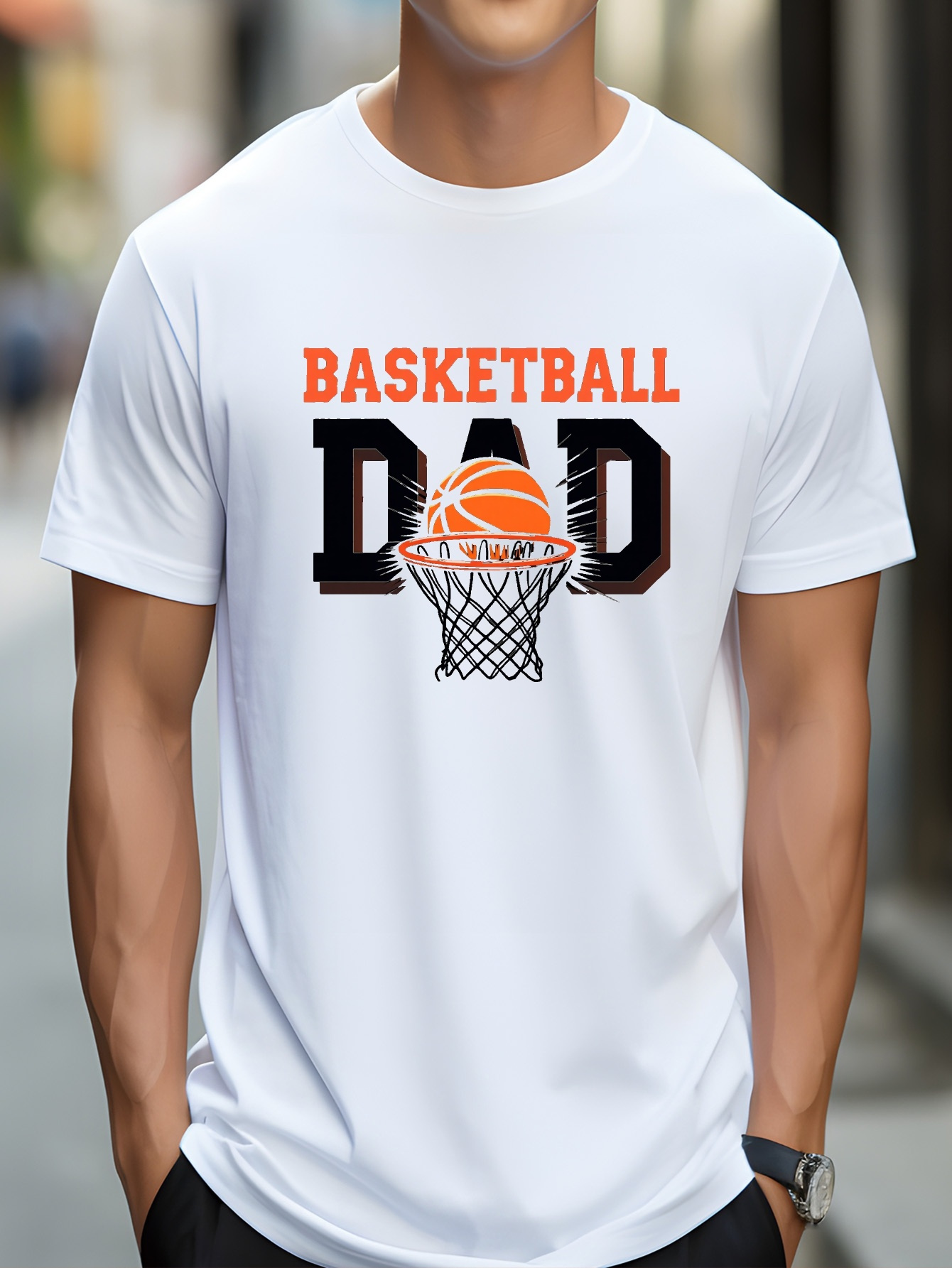 BASKETBALL DAD Men'S Casual Short-Sleeved Crew Neck T-Shirt | -Elastic Knitted Fabric, Printed Design, Regular Fit, Comfortable and Breathable, Suitable for Outdoor Activities, Summer Season