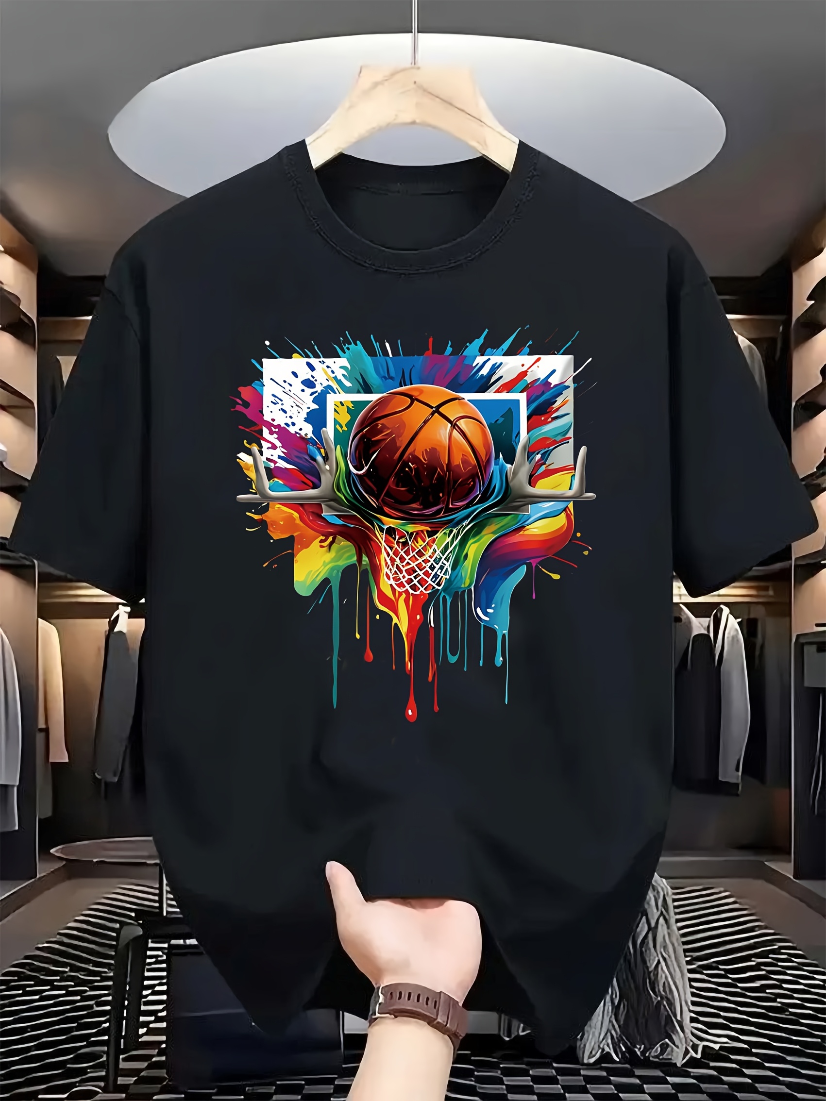 Men's Basketball Jersey T-Shirt with Dunking Player Graphic - Yellow & Black Team Design, Breathable Moisture-Wicking Short Sleeve Shirt for Casual Wear, Training & | All-Season Round Neck Tee