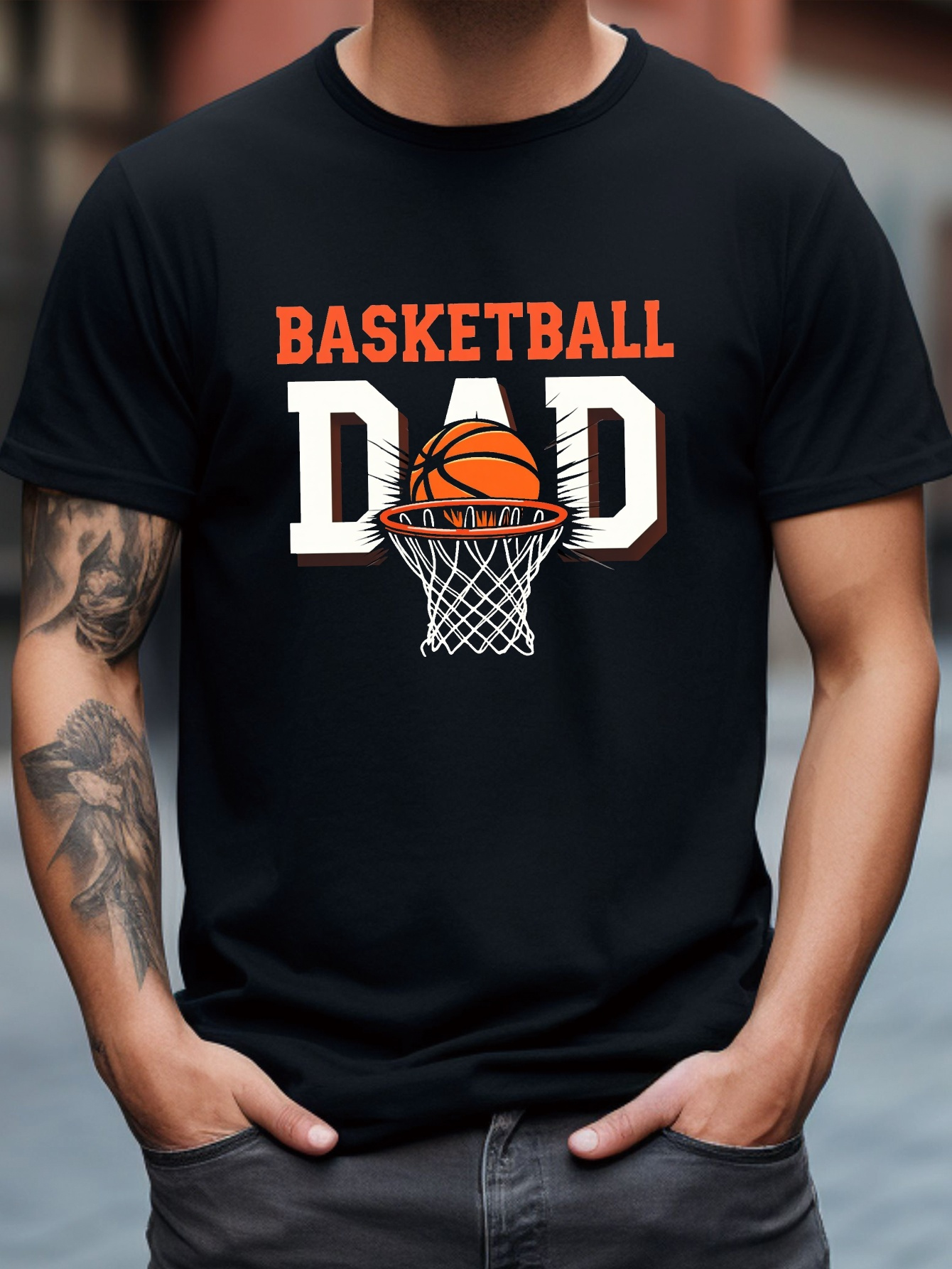 BASKETBALL DAD Men'S Casual Short-Sleeved Crew Neck T-Shirt | -Elastic Knitted Fabric, Printed Design, Regular Fit, Comfortable and Breathable, Suitable for Outdoor Activities, Summer Season