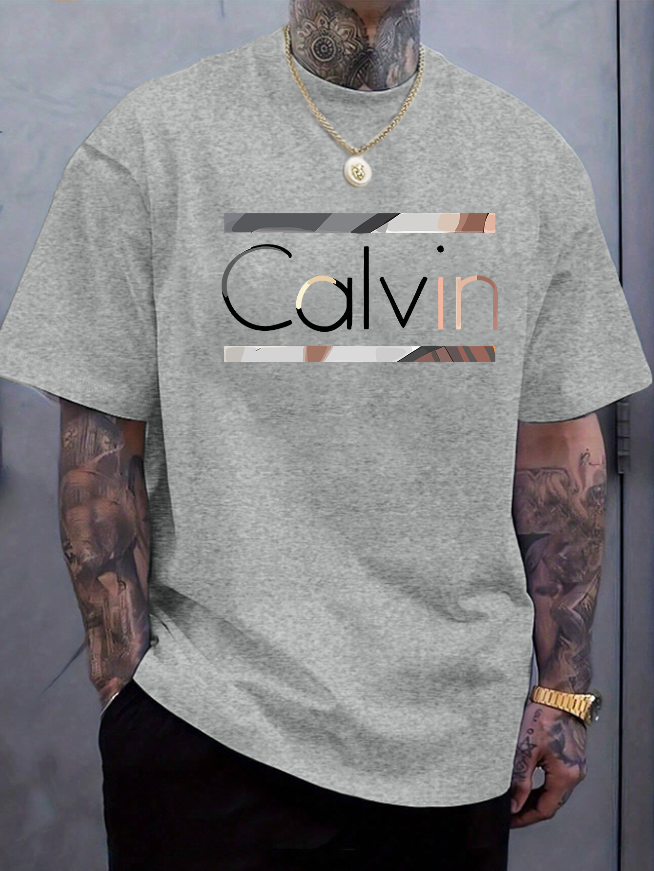Men's Summer Short Sleeve T-Shirt with Gallic Letter '' Print - Casual Round Neck Tee, Regular Fit for Casual Attire & Outdoor Activities - Breathable Summer Essential in Suitable for Casual Outfits (Hand