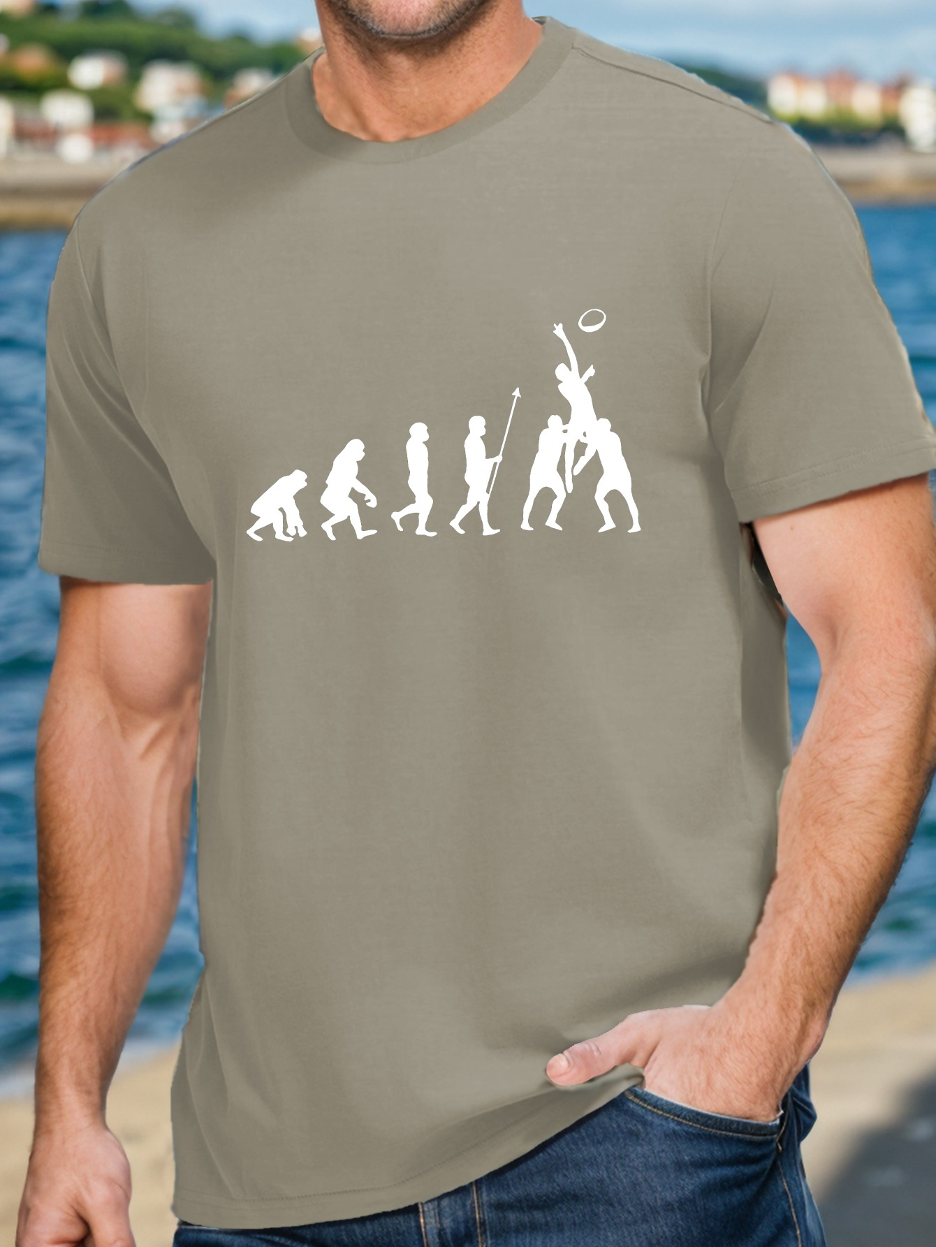 volution Of Rugby Print, Men's Round Crew Neck Short Sleeve Tee, Casual T-Shirt Lightweight Top For Summer