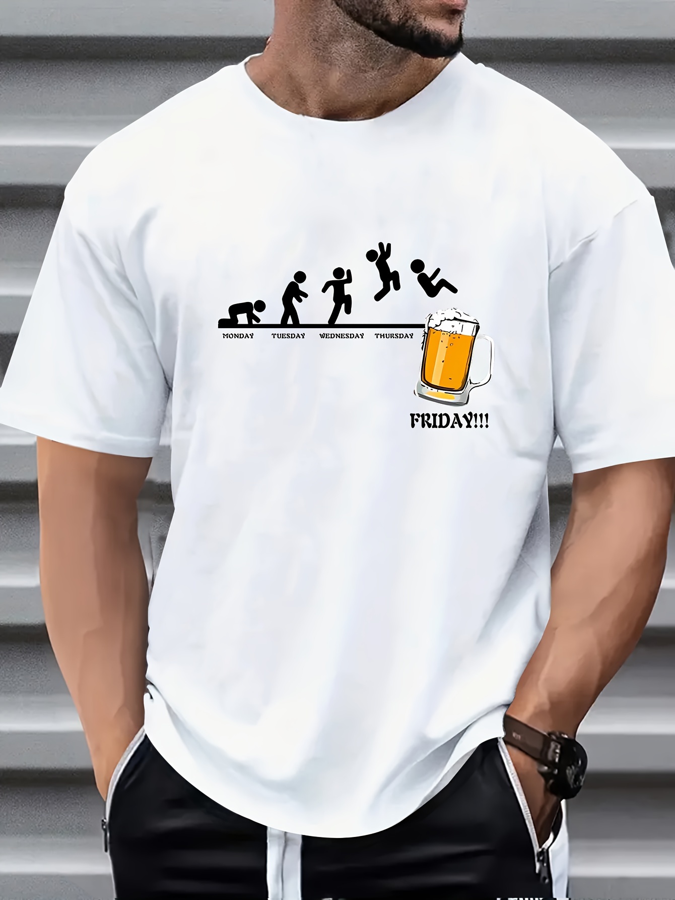 Men's Beer Graphic Print Casual Crew Neck T-Shirt - "Friday" Design, White, Short Sleeve, Polyester, Relaxed Fit, Perfect for Casual Attire