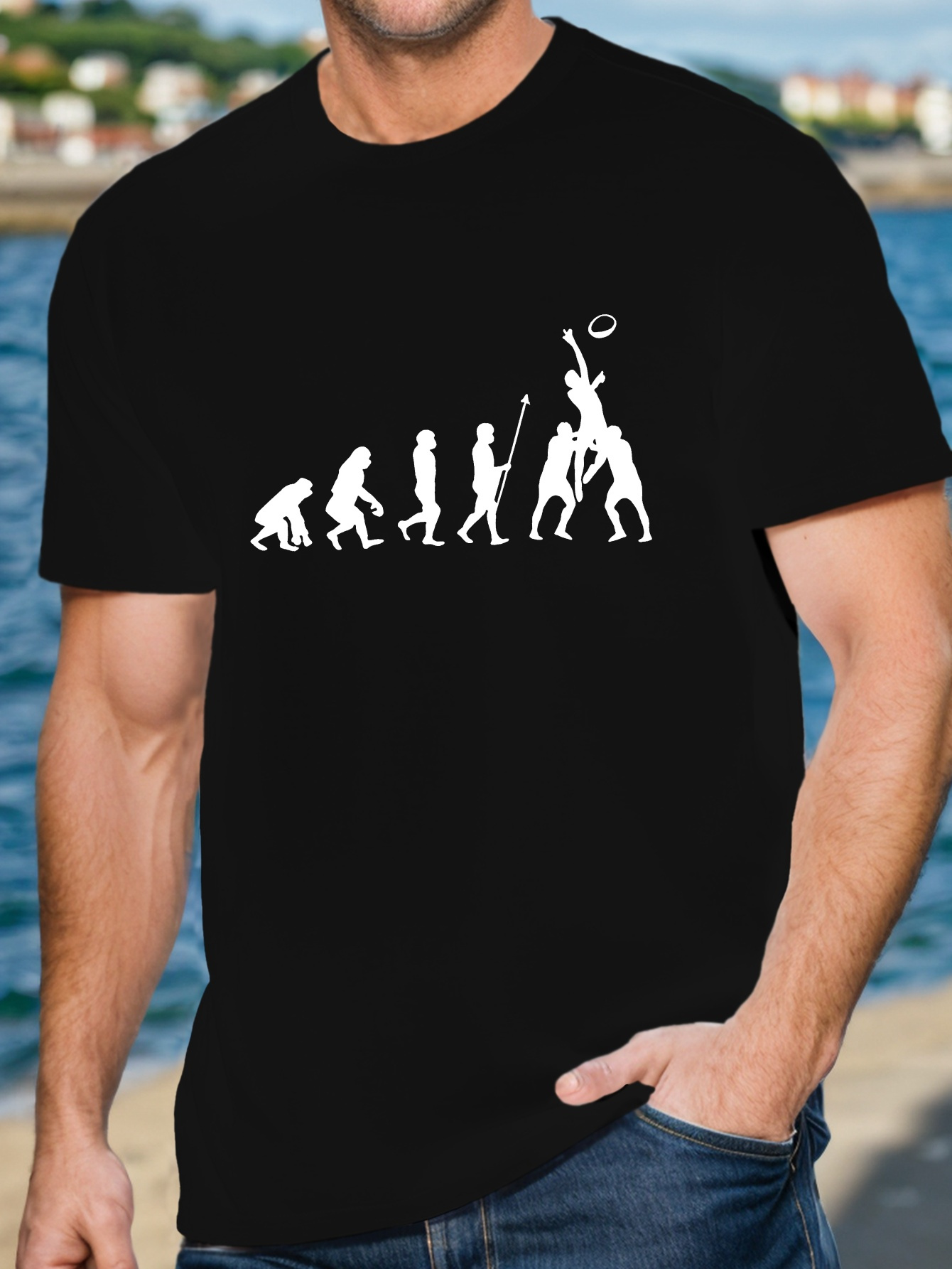 volution Of Rugby Print, Men's Round Crew Neck Short Sleeve Tee, Casual T-Shirt Lightweight Top For Summer