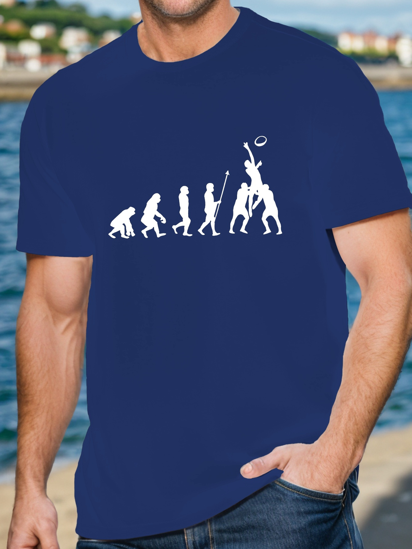 volution Of Rugby Print, Men's Round Crew Neck Short Sleeve Tee, Casual T-Shirt Lightweight Top For Summer