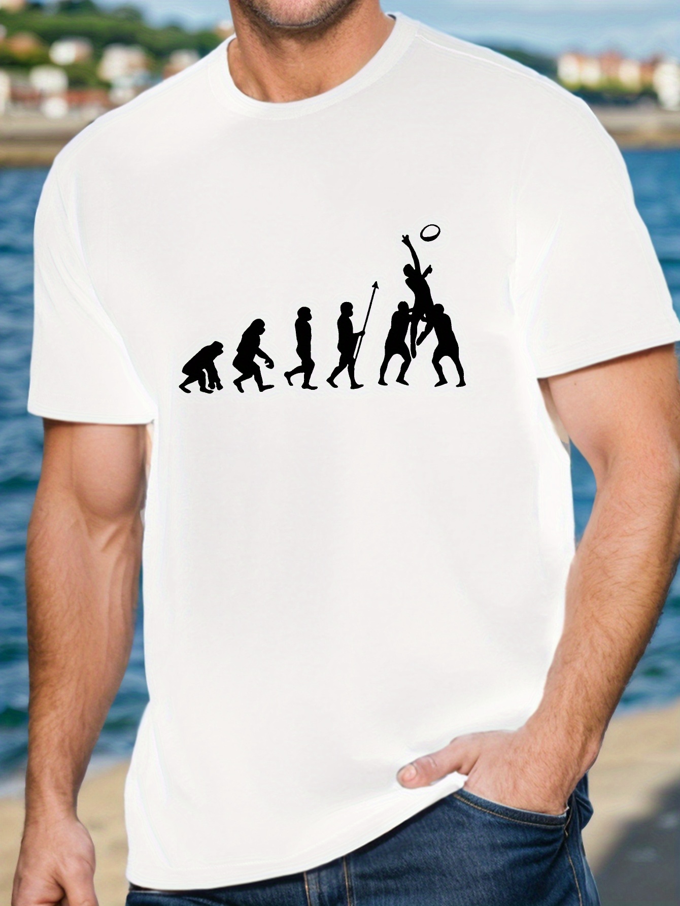 volution Of Rugby Print, Men's Round Crew Neck Short Sleeve Tee, Casual T-Shirt Lightweight Top For Summer