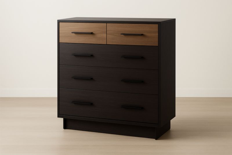 Commode en bois contreplaqué marron et noir