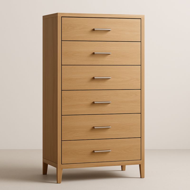Commode en bois de chêne clair à six tiroirs avec poignées en métal