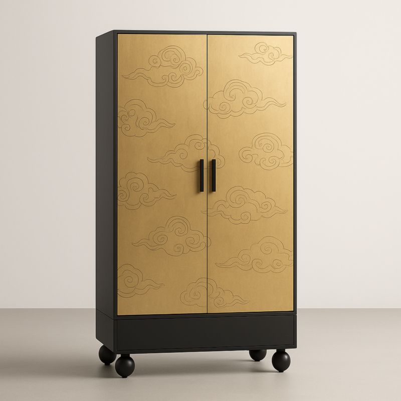 Armoire bois deux portes noire/dorée avec roulettes