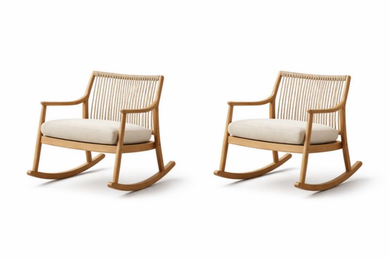 Set di 2 sedie a dondolo in legno e corda con cuscini beige