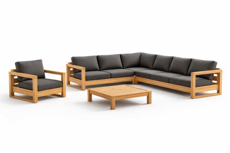 Set da giardino in teak con cuscini grigi