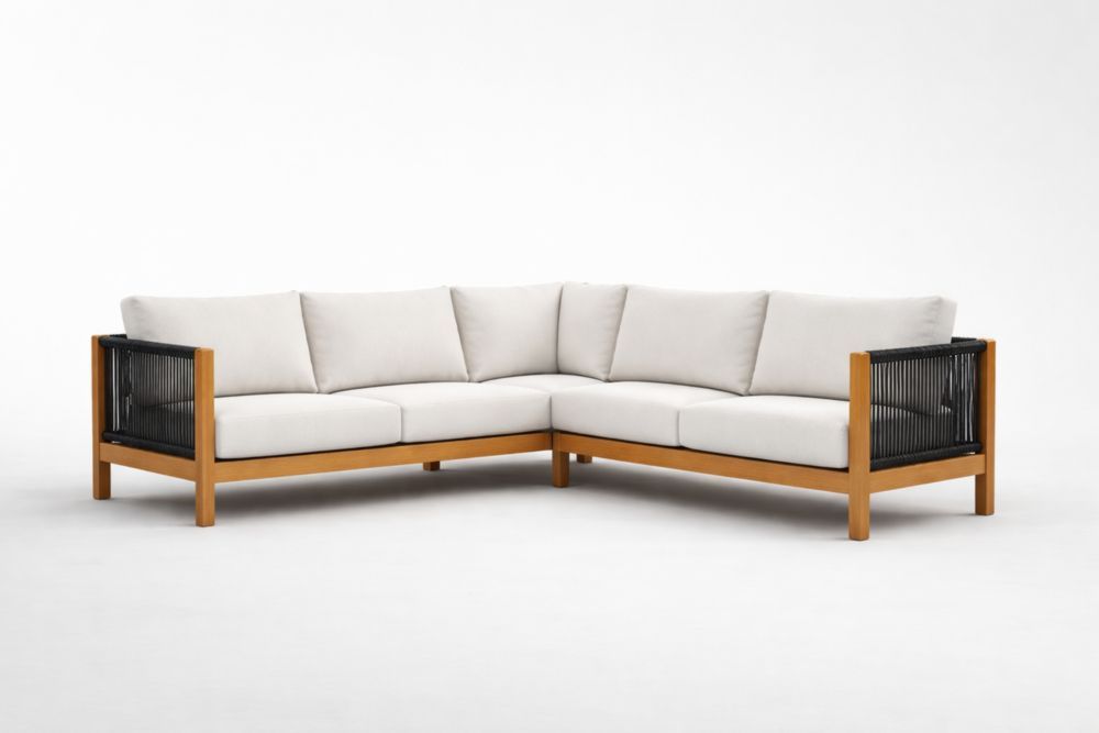 Divano angolare modulare da giardino 3 posti in legno teak con tessuto in Poliestere Beige e corde nere