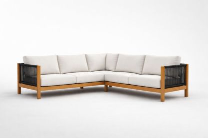 Divano angolare modulare da giardino 3 posti in legno teak con tessuto in Poliestere Beige e corde nere