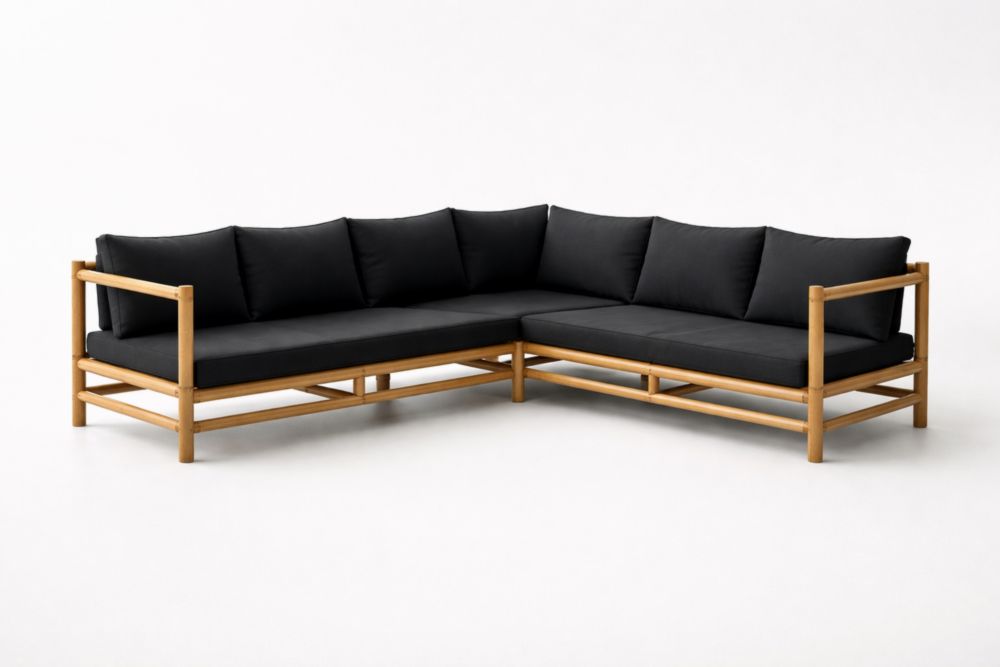 Divano angolare da giardino in Legno Massello con cuscini Neri