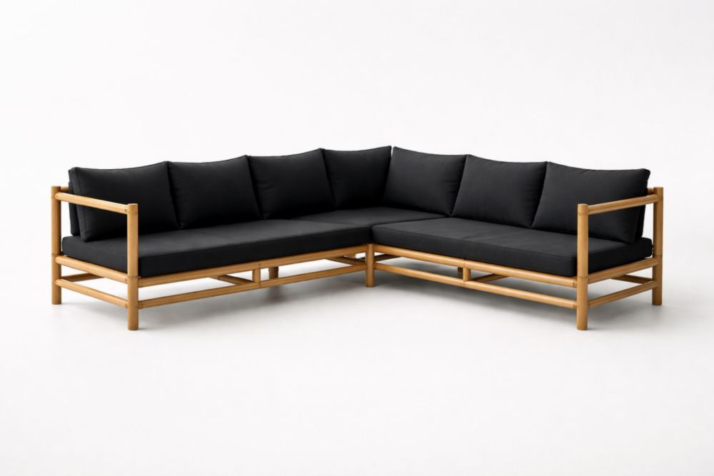 Divano angolare da giardino in Legno Massello con cuscini Neri