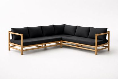 Divano angolare da giardino in Legno Massello con cuscini Neri