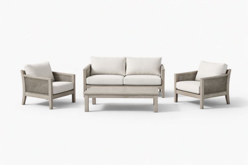 Set divano da esterno in legno e rattan con cuscini crema