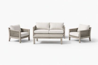 Set divano da esterno in legno e rattan con cuscini crema