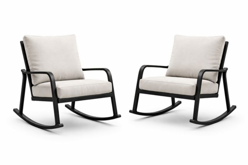 Set di 2 sedie a dondolo in metallo nero con cuscini in tessuto bianco crema