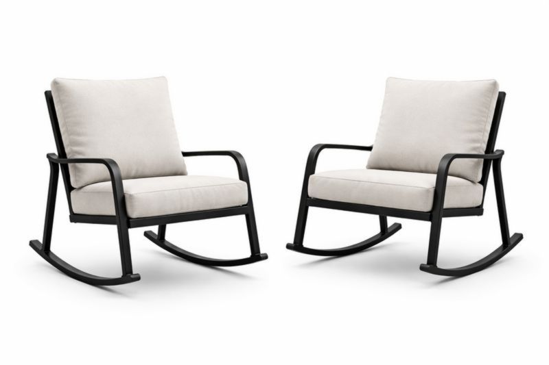 Set di 2 sedie a dondolo in metallo nero con cuscini in tessuto bianco crema