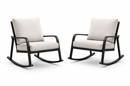 Set di 2 sedie a dondolo in metallo nero con cuscini in tessuto bianco crema
