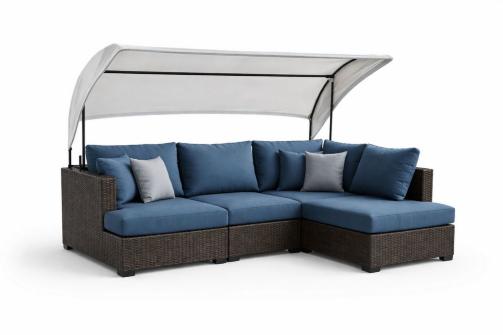 Divano Angolare da Esterno in Rattan con Cuscini in Poliestere e Tettuccio Regolabile