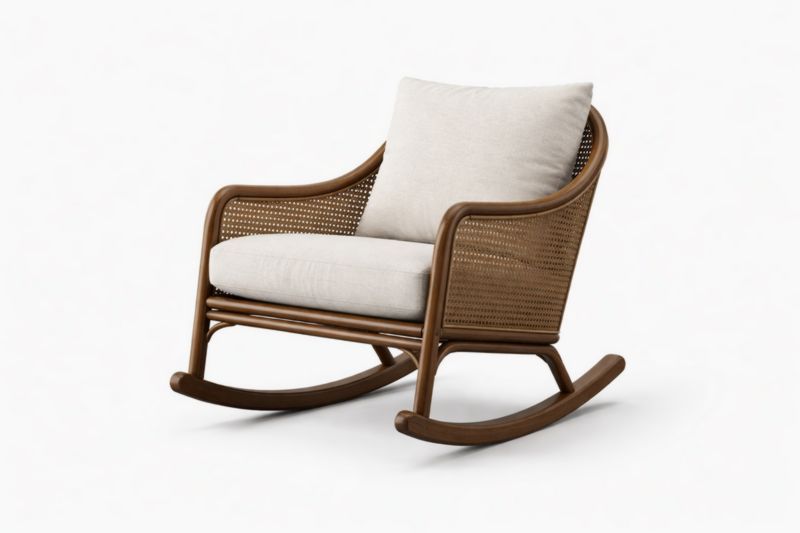 Sedia a Dondolo in Rattan con Cuscino in Poliestere Beige