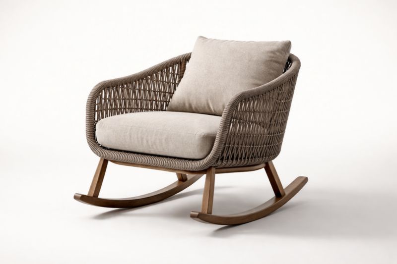 Sedia a Dondolo in Legno massello e Rattan con Cuscini Beige