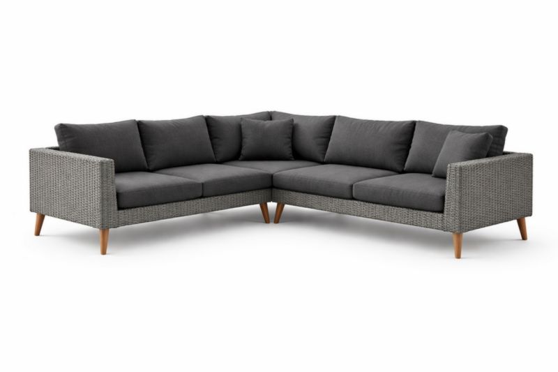 Divano ad Angolo in Rattan Grigio con Cuscini