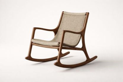 Sedia a dondolo in legno di noce e tessuto intrecciato beige