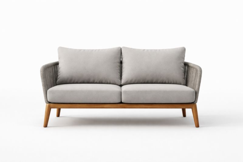 Divano due posti in legno e corda con cuscini grigi