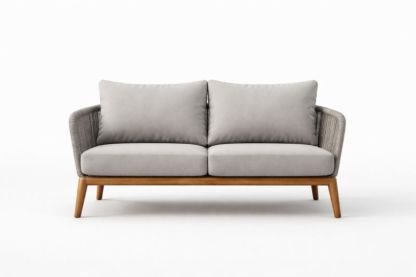 Divano due posti in legno e corda con cuscini grigi