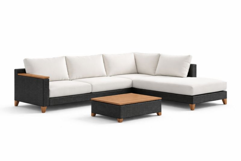 Divano Angolare in Rattan Nero con Cuscini Bianchi e Tavolino